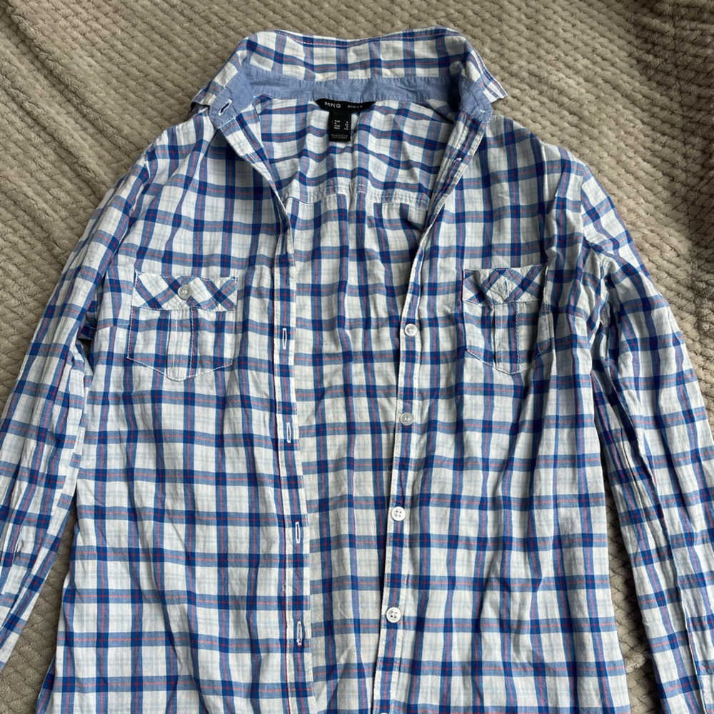 Mango Women Buttin UP Shirt check Flannel V-Neck Lo g Sleeve Pockets Size
